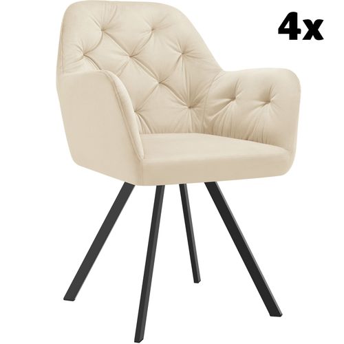 Lot 4 Fauteuils Pivotants 180° Velours Rembourrés Matelassés Crème