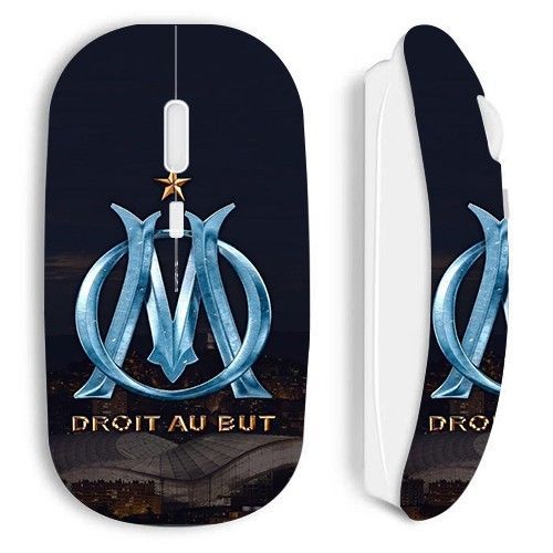 Souris blanc sans Fil OM logo bleue et dorée stade