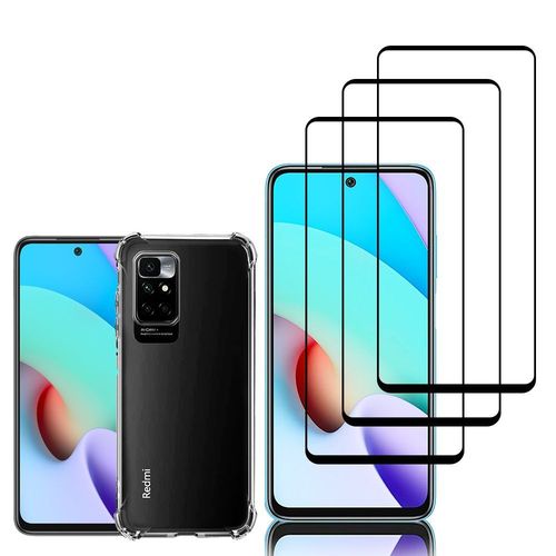 Coque Silicone Tpu Souple Pour Xiaomi Redmi 10 6.5" Anti-Choc Ultra Résistant Avec Coins Renforcés - Transparent + 3 Films Verre Trempé - Noir