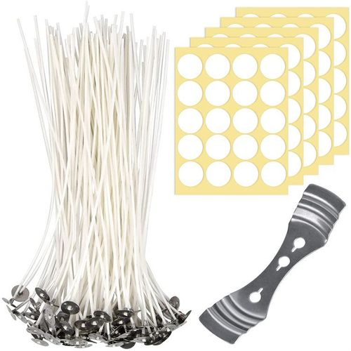 100 Pièces Mèche Pour Bougies(20cm), Mèche De Bougie 100% Coton Naturel, Mèches Bougies,100x Autocollants Mèche Double Face, 1pcs Titulaire Fixe Mèche , Pour Fabrication Bougie