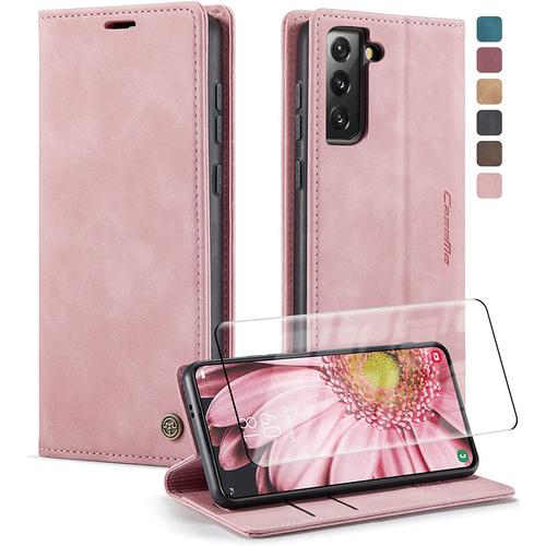 Coque Pour Samsung Galaxy S21 5g 6.2 Pouce Avec Verre Trempé Protection Etui Samsung S21 Housse Premium En Cuir Pu Portefeuille Rabat Magnétique Clapet Case Pour Galaxy S21 Rose