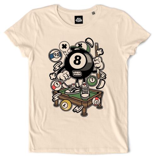 Teetown - T Shirt Femme - Billard Player Cartoon - Game Pool Bar Competition Table Snoooker - 100% Coton Bio