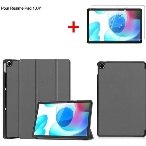 Tablette Coque Realme Pad 10.4" Gris Housse Pu Cuir Avec Film De Protection D¡®¿¿Cran Film Tremp¿¿ 2 Pack