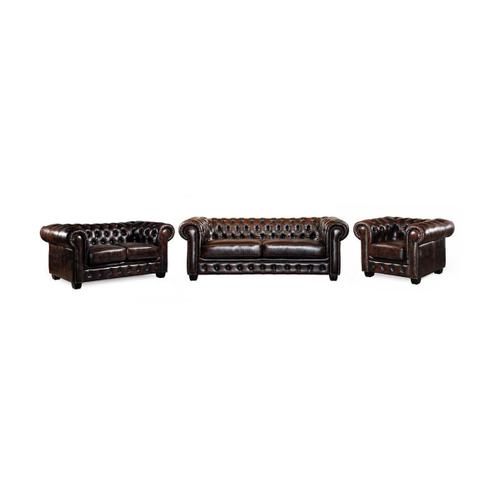 Canapé Chesterfield 3+2+1 Places Brenton 100% Cuir De Buffle - Marron Reflets Châtains