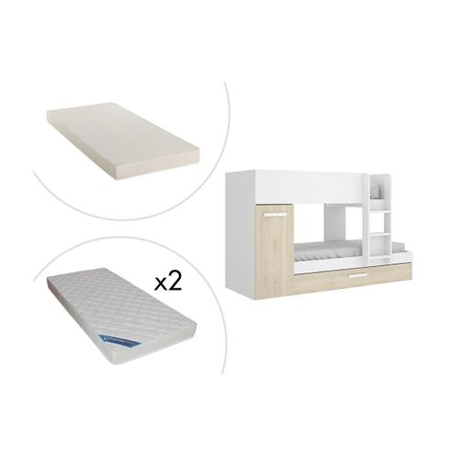 Lits Superposés Anthony Avec Rangements 3 X 90 X 190 Cm - Blanc Et Chêne + Matelas