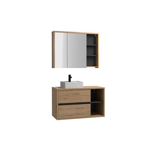 Meuble De Salle De Bain Suspendu Avec Simple Vasque Et Armoire De Toilette Coloris Naturel - 100 Cm - Purnal