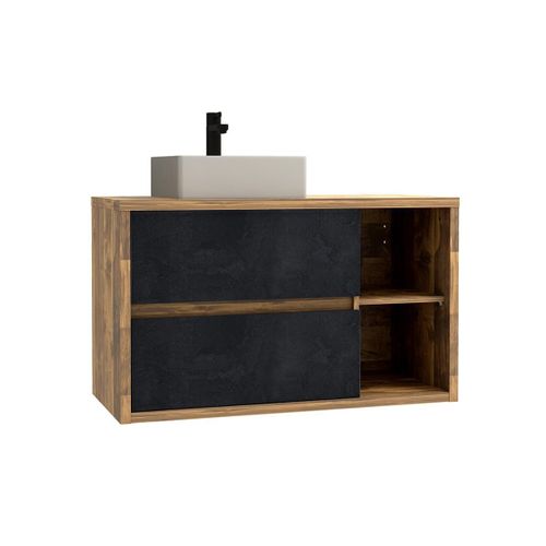 Meuble De Salle De Bain Suspendu Simple Vasque Coloris Naturel Et Anthracite - 100 Cm - Tikitiki