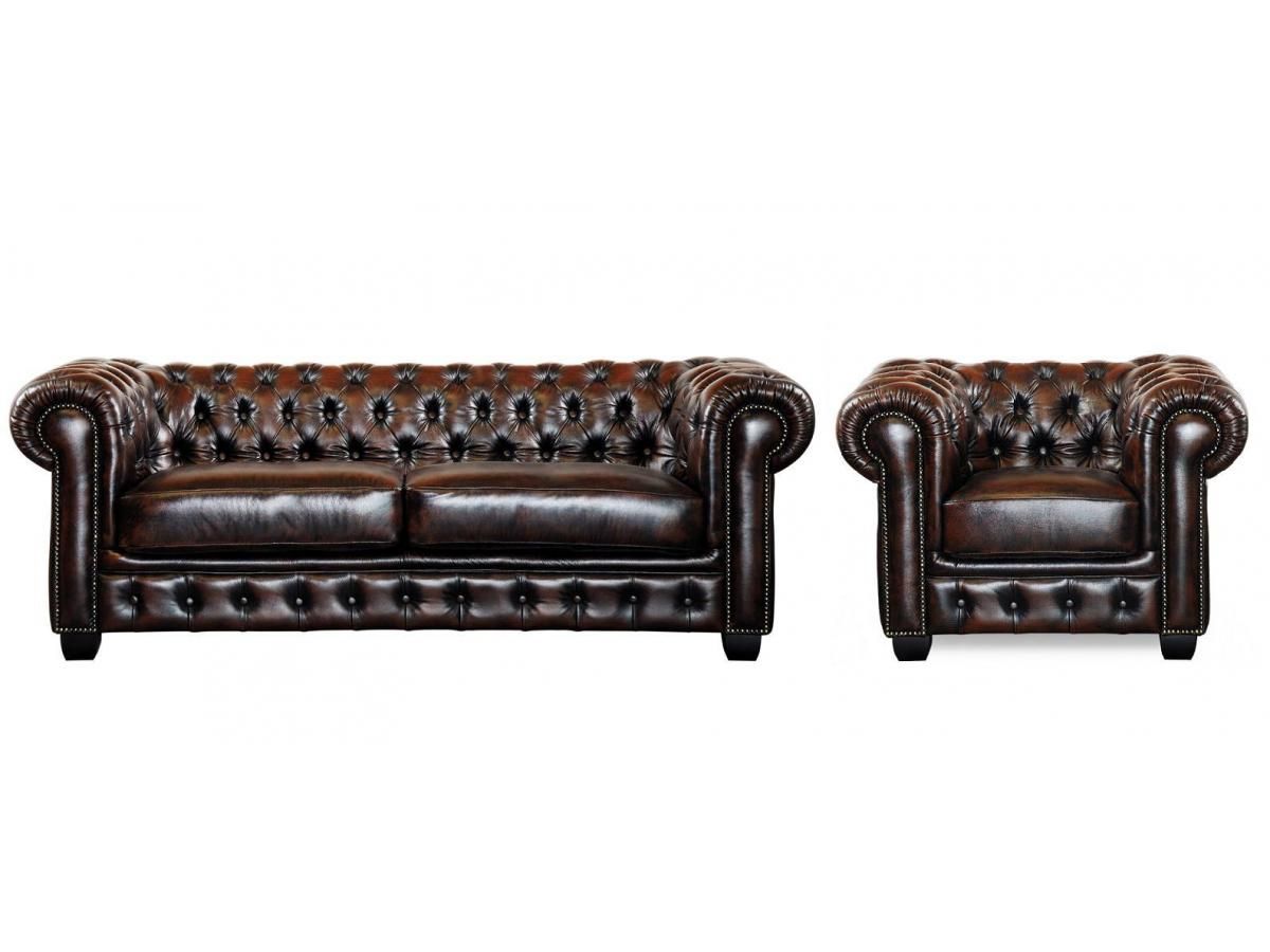 Canapé Chesterfield 3+1 Places Brenton 100% Cuir De Buffle - Marron Reflets Châtains