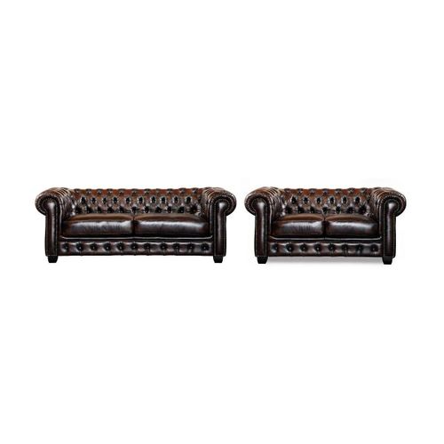 Canapé Chesterfield 3+2 Places Brenton 100% Cuir De Buffle - Marron Reflets Châtains