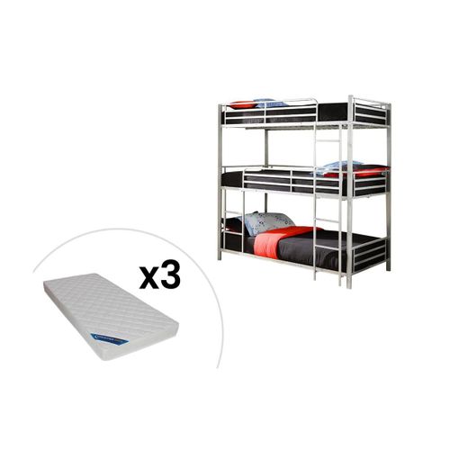 Lits Superposés Triple - 3 X 90 X 190 Cm - Métal - Argent + Matelas - Elouan Iii