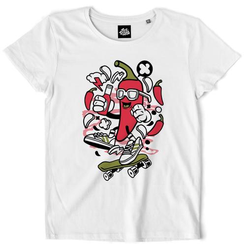 Teetown - T Shirt Femme - Chili Skate - Cool Sauce Skateboard Épice Hot Marrant Rigolo Piment - 100% Coton Bio