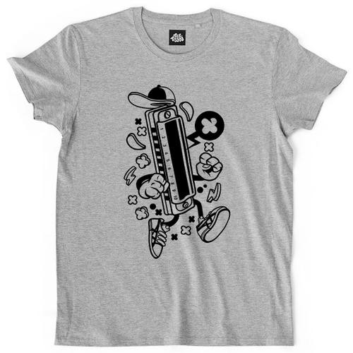 Teetown - T Shirt Homme - Harmonica Cartoon - Band Country Instrument Musique Musicien - 100% Coton Bio