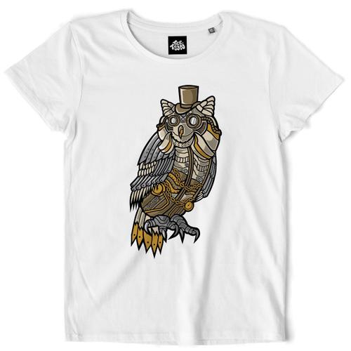 Teetown - T Shirt Femme - Chouette Mécanique - Animal Robot Vintage Hiboux Invention Oiseau Mécano - 100% Coton Bio