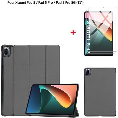 Tablette Coque Xiaomi Pad 5 / Pad 5 Pro 11" Gris Housse Pu Cuir Avec Film De Protection D¡®¿¿Cran Film Tremp¿¿ 2 Pack