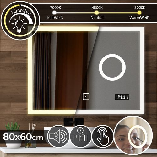 Aquamarin® Miroir De Salle De Bain Led - 80 X 60 Cm, Cee A++, Tactile, Mural, Horloge, Haut-Parleur Bluetooth - Miroir Lumineux, Cosmétique
