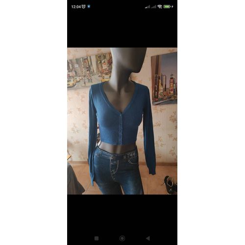 Pulls Colle En V Bleu Avec Papillon En Dentelle Dans Le Dos Extensible Pour Femme Taille Unique.