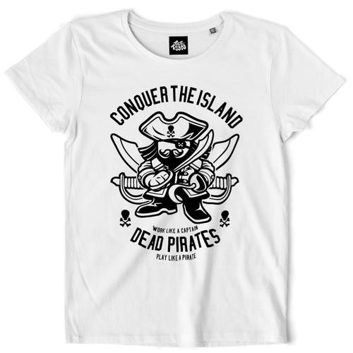 Teetown - T Shirt Femme - Conquer Island - Cartoon Pirate Abordage Trésor Caraïbes Aventure Bateau Barbe Noire - 100% Coton Bio