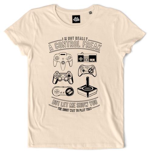 Teetown - T Shirt Femme - Histoire Manettes - Playstation Gamer Retro Nerd Geek Game Nintendo Controller Nes - 100% Coton Bio