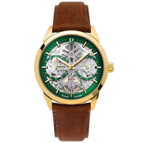 Montre Homme Monarck Doré Cadran Vert Bracelet Cuir Brun 22 Mm