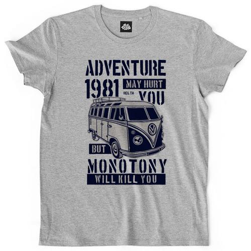 Teetown - T Shirt Homme - Aventure Monotonie - Camping Van Combi Randonnée Exploration Road Trip Voyage Volkswagen - 100% Coton Bio