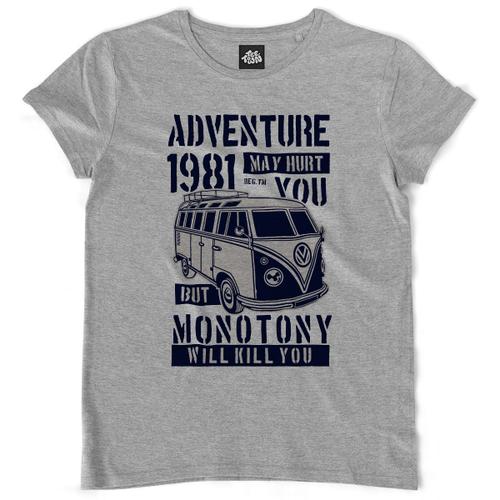 Teetown - T Shirt Femme - Aventure Monotonie - Camping Van Combi Randonnée Exploration Road Trip Voyage Volkswagen - 100% Coton Bio