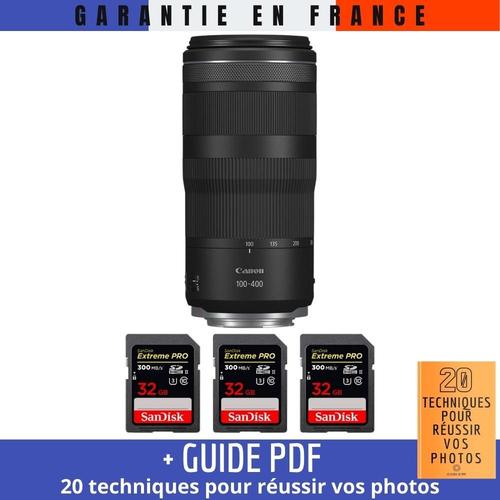 Canon RF 100-400mm f5.6-8 IS USM + 3 SanDisk 32GB Extreme PRO UHS-II SDXC 300 MB/s + Guide PDF '20 TECHNIQUES POUR RÉUSSIR VOS PHOTOS'