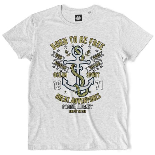 Teetown - T Shirt Homme - Born To Be Free - Vintage Mer Ocean Nautique Pêche Aventure Bateau - 100% Coton Bio