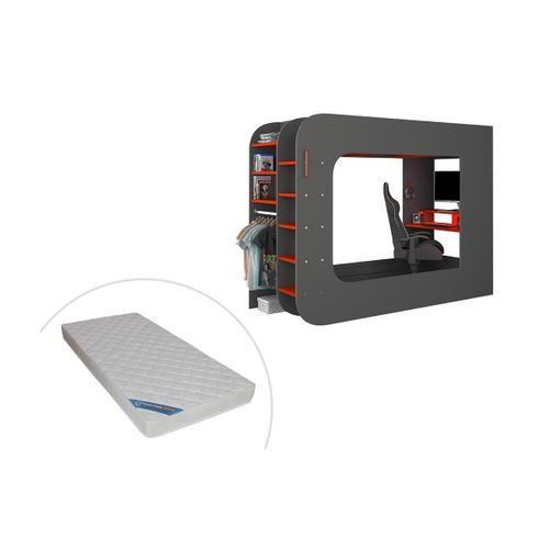 Lit Mezzanine Gamer 90 X 200 Cm - Avec Bureau Et Rangements - Avec Leds - Anthracite Et Rouge + Matelas - Warrior