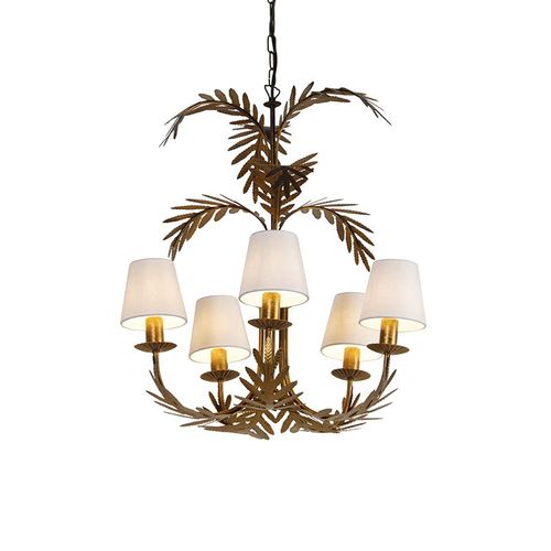 Qazqa Rustique Suspension / Lustre / Chandelier / Luminaire / Lumiere / Éclairage Art Déco Doré À 5 Lumières Avec Bouchons Blancs - Botanica Acier /Lin Blanc,Doré/Laiton Bio / Intérieur /...