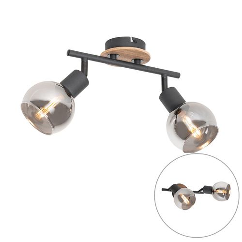 Qazqa Moderne Plafondlamp Zwart Met Smoke Glas En Hout 2 Ampoules-Lichts - Vidro Verre /Acier /Bois Gris,Noir,Marron Oblongue / Luminaire / Lumiere / Éclairage / Intérieur / Salon / Cuisine...