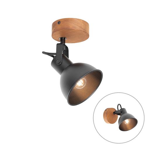 Qazqa Industriel Industriële Plafonnier ? Plafonnier Spot À Fixer Au Plafond Zwart Met Hout Kantelbaar - Tommy Acier /Bois Noir,Marron Rond / Luminaire / Lumiere / Éclairage / Intérieur /...