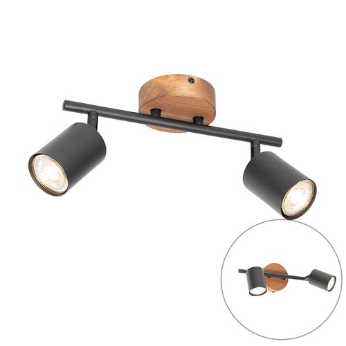 Qazqa Industriel Industriële Plafonnier ? Plafonnier Spot À Fixer Au Plafond Zwart Met Hout Kantelbaar 2 Ampoules-Lichts - Jeana Acier /Bois Noir,Marron Oblongue / Luminaire / Lumiere /...