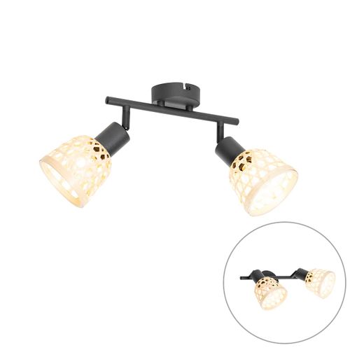 Qazqa Oriental Oosterse Plafonnier ? Plafonnier Spot À Fixer Au Plafond Zwart Met Bamboe 2 Ampoules-Lichts - Rayan Bamboo /Acier Naturel,Noir Oblongue / Luminaire / Lumiere / Éclairage /...