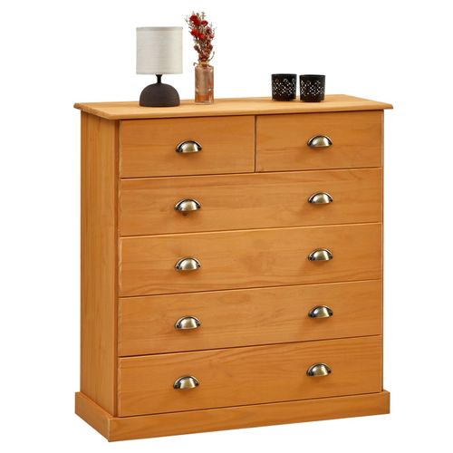 Commode Paris Meuble De Chambre Avec Rangement 6 Tiroirs, En Pin Massif Lasuré Brun