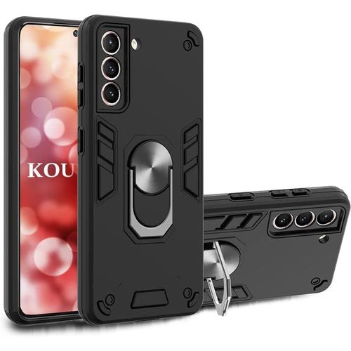 Kouyi Coque Pour Samsung Galaxy S21, Double Couche Renforcée Défense Bumper Tpu Silicone Antichoc Armure Housse Etui Détachable 2 En 1 Avec Anneau Support (Noir)