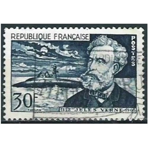 France 1955, Beau Timbre Yvert 1026, Cinquantenaire De La Mort De Jules Verne, Portait Et Illustration Du Nautilus, Oblitéré, Tbe