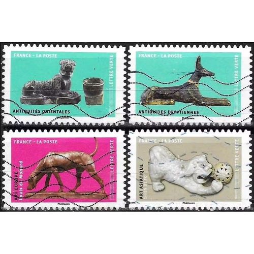 France 2018, Série "Le Chien Dans L'art, Beaux Timbres Yvert 1521 Antiquités Égyptiennes, 1522 Orientales 1526 Européennes Et 1527 Asiatiques, Oblitérés, Tbe. -