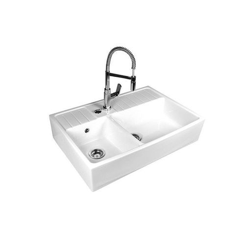 Evier Céramique Timbre D'office 2 Bacs Country Blanc 90CM