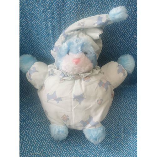 Doudou Peluche Chat Ours Bleu Blanc Tissu Chien Clever Vintage