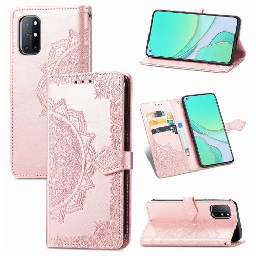 Saturcase Coque Pour Oneplus 8t, Mandala Gaufrage Pu Cuir Magnétique Flip Portefeuille Support Porte-Carte Protecteur Housse Étui Avec Dragonne Pour Oneplus 8t (Or Rose)