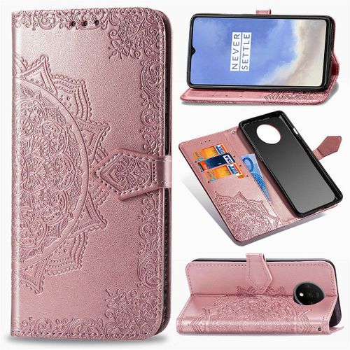 Saturcase Coque Pour Oneplus 7t, Mandala Gaufrage Pu Cuir Magnétique Flip Portefeuille Support Porte-Carte Protecteur Housse Étui Avec Dragonne Pour Oneplus 7t (Or Rose)