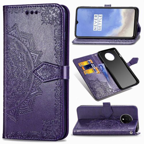 Saturcase Coque Pour Oneplus 7t, Mandala Gaufrage Pu Cuir Magnétique Flip Portefeuille Support Porte-Carte Protecteur Housse Étui Avec Dragonne Pour Oneplus 7t (Violet)