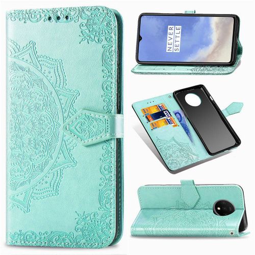 Saturcase Coque Pour Oneplus 7t, Mandala Gaufrage Pu Cuir Magnétique Flip Portefeuille Support Porte-Carte Protecteur Housse Étui Avec Dragonne Pour Oneplus 7t (Vert)