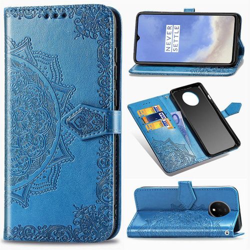Saturcase Coque Pour Oneplus 7t, Mandala Gaufrage Pu Cuir Magnétique Flip Portefeuille Support Porte-Carte Protecteur Housse Étui Avec Dragonne Pour Oneplus 7t (Bleu)