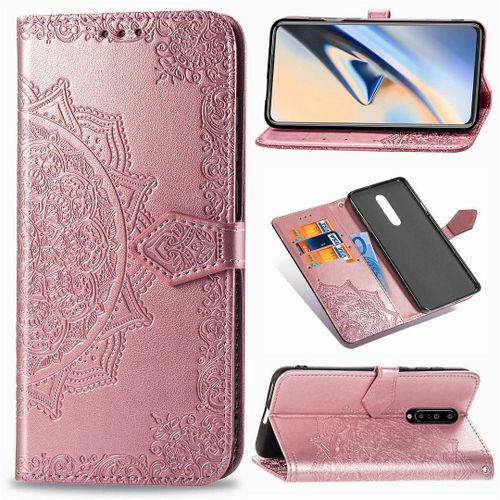 Saturcase Coque Pour Oneplus 7 Pro, Mandala Gaufrage Pu Cuir Magnétique Flip Portefeuille Support Porte-Carte Protecteur Housse Étui Avec Dragonne Pour Oneplus 7 Pro (Or Rose)
