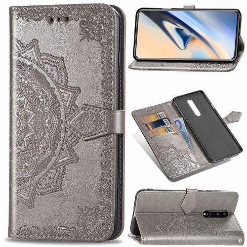 Saturcase Coque Pour Oneplus 7 Pro, Mandala Gaufrage Pu Cuir Magnétique Flip Portefeuille Support Porte-Carte Protecteur Housse Étui Avec Dragonne Pour Oneplus 7 Pro (Gris)