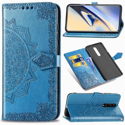 Saturcase Coque Pour Oneplus 7 Pro, Mandala Gaufrage Pu Cuir Magnétique Flip Portefeuille Support Porte-Carte Protecteur Housse Étui Avec Dragonne Pour Oneplus 7 Pro (Bleu)