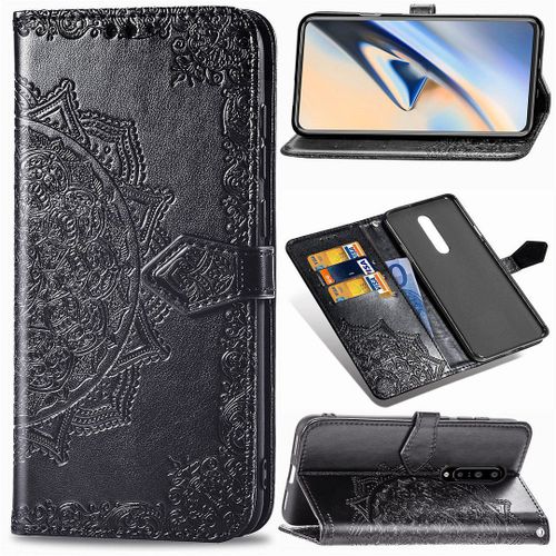 Saturcase Coque Pour Oneplus 7 Pro, Mandala Gaufrage Pu Cuir Magnétique Flip Portefeuille Support Porte-Carte Protecteur Housse Étui Avec Dragonne Pour Oneplus 7 Pro (Noir)
