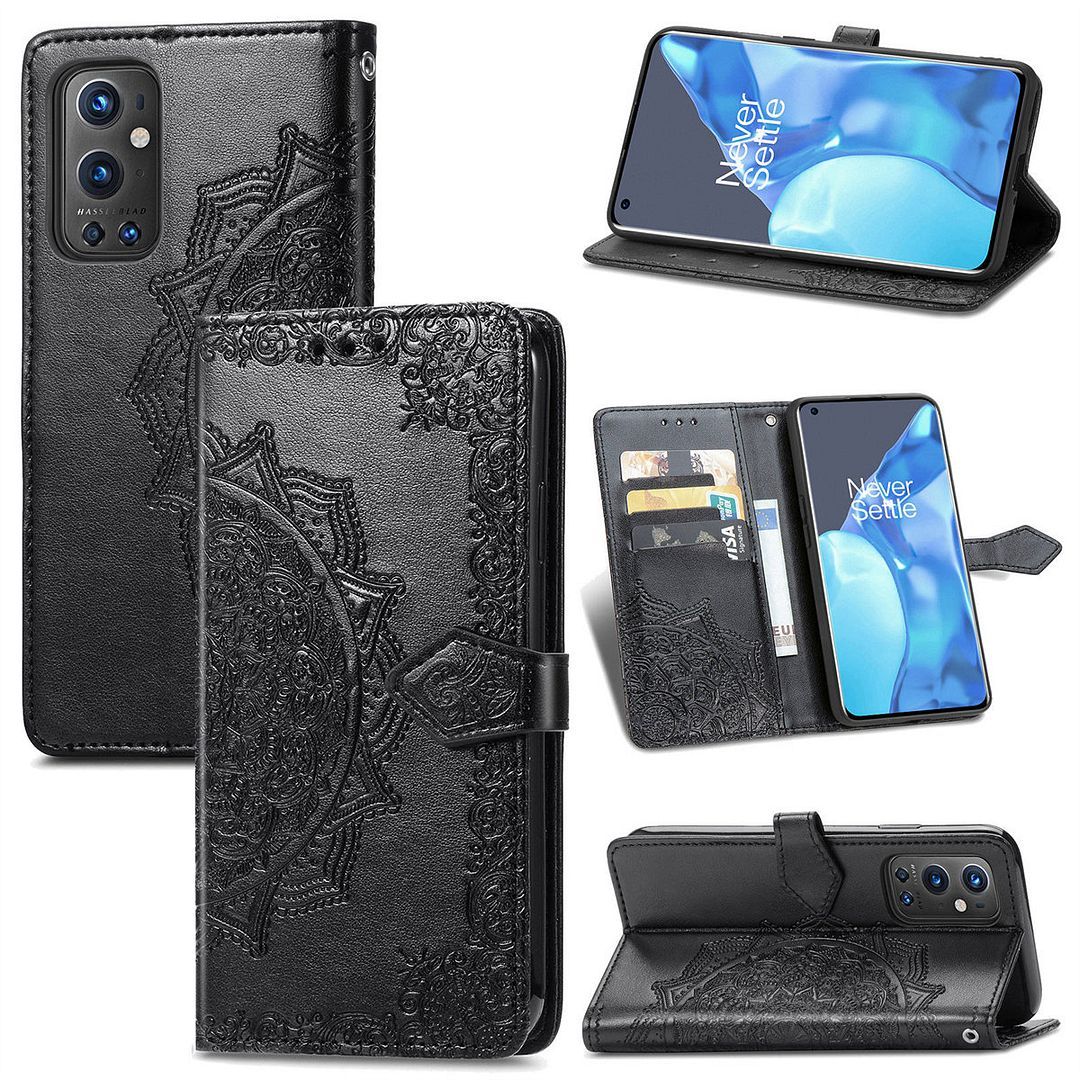 Saturcase Coque Pour Oneplus 9 Pro, Mandala Gaufrage Pu Cuir Magnétique Flip Portefeuille Support Porte-Carte Protecteur Housse Étui Avec Dragonne Pour Oneplus 9 Pro (Noir)