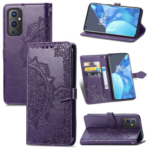 Saturcase Coque Pour Oneplus 9 Pro, Mandala Gaufrage Pu Cuir Magnétique Flip Portefeuille Support Porte-Carte Protecteur Housse Étui Avec Dragonne Pour Oneplus 9 Pro (Violet)